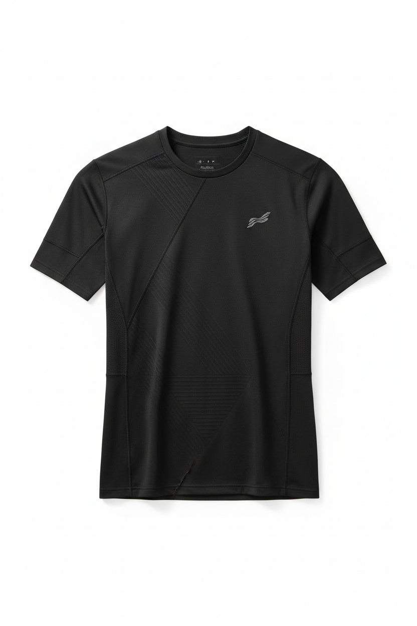 Black athletic short sleeve shirt flatlay on white background