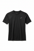 Black athletic short sleeve shirt flatlay on white background